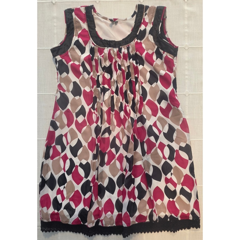 Geometric Print Pleated Tunic Top Magenta Black Lace Hem Sleeveless L